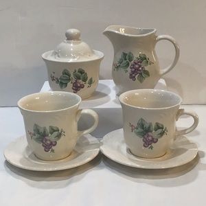 Pfaltzgraff Grapevine Sugar, Creamer & 2 cups W saucers